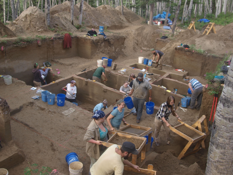 Archaeologists working at the Upward Sun River site in Alaska. (Image: Ben Potter)